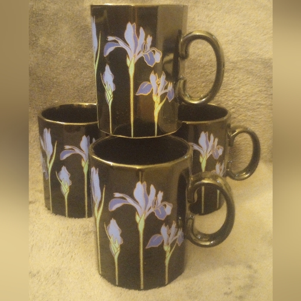 Vintage Otagiri Japan Blue Iris Flower Coffee Mugs set of 4